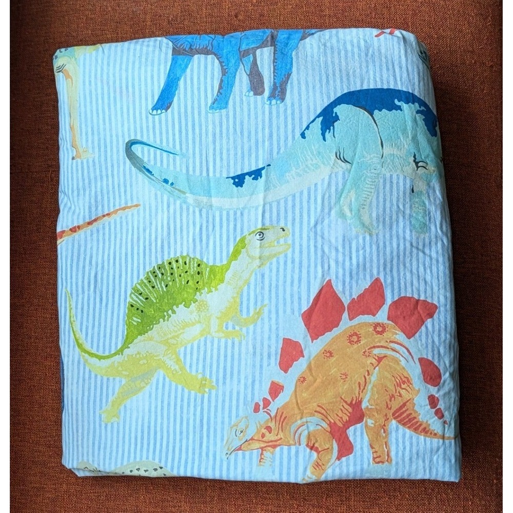 Pottery Barn Kids PBK Dinosaur Organic Cotton Duvet Cover Full Queen Blue Stripe - Picture 5 of 7